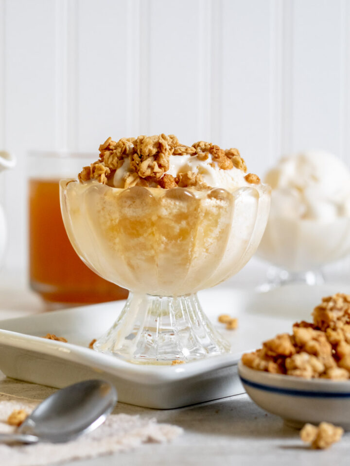 Straight on shot of Mulled Apple Cider Affogato in a small clear bowl on top of a small white porcelain tray in front of apple cider, ice cream, granola and a silver spoon