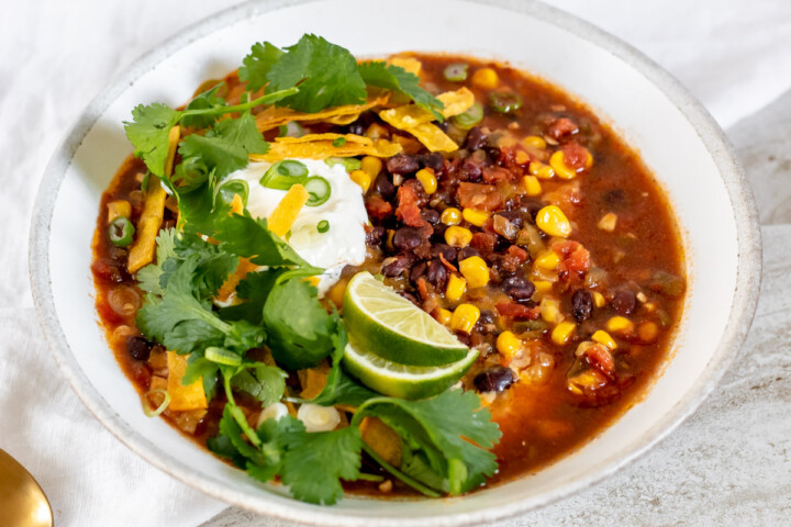 Close up of a bowl of Easy Black Bean Chili topped with tortilla strips, sour cream, cilantro leaves and lime wedges on a white background. 